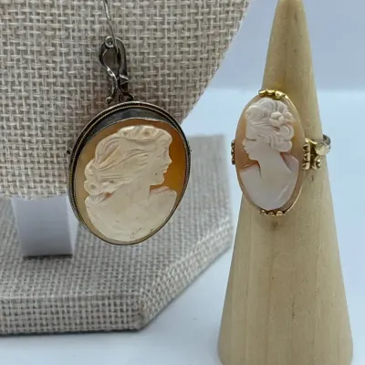 Sterling Silver Cameo Pendant/Pin and 10k Gold-Filled Ring (Size 4)