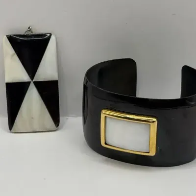 Double-Sided Mother-of-Pearl and Onyx Pendant, and Black Stainless Steel Cuff Bracelet 