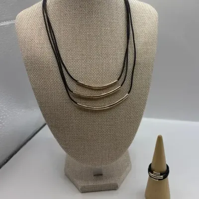 Leather and Sterling Silver Necklace 15" and Stacking Rings (Size 8.5)