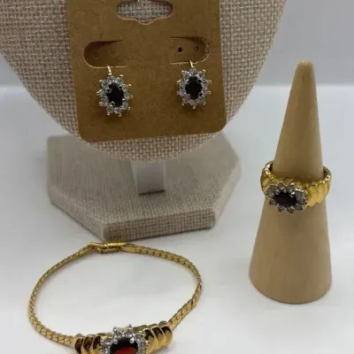 Costume Jewelry- Red Gemstone Earrings, Bracelet 7" and Ring (Size 7.5)