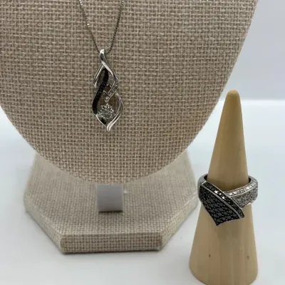 Sterling Silver Black/White Rhinestone Necklace 18" and Ring (Size 8)