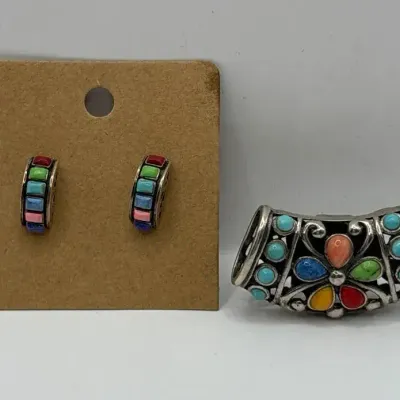 Multi-Inlay Gem Sterling Silver Slide Pendant and Earrings 