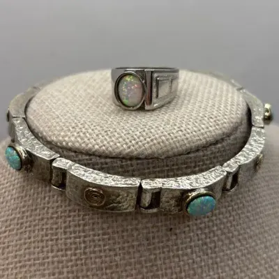 Sterling Silver Blue Opal Bracelet (Anklet?) 8.5" and Ring (Size 9)