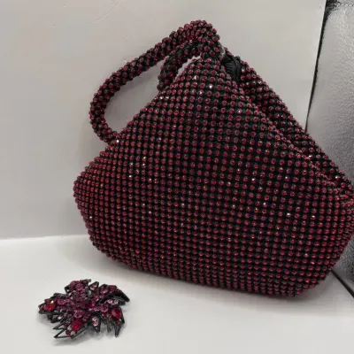Red Rhinestone Handbag and Brooch 