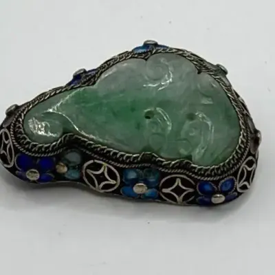 Chinese Export Carved Jade Sterling Silver Pin 