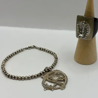 Sterling Silver Dragon Bracelet 7.5" and Ring (Size 5)