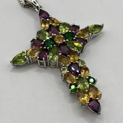 Multi-Gemstone Sterling Silver Cross Necklace 20"