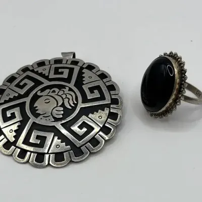 Mexico Aztec Sterling Silver Pin/Pendant and SS Onyx Ring (Size 8.5)
