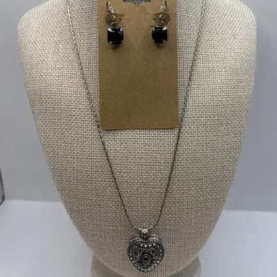 Sterling Silver Heart Locket Necklace 19" and SS/Onyx Earrings 