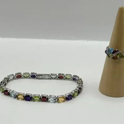 Multi-Color Gemstones set in Sterling Silver- Bracelet 7.5" and Ring (Size 7)