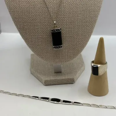 Onyx Sterling Silver Jewelry- Necklace 18", Bracelet 7.5" and Ring (Size 8)