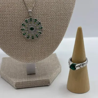 Emerald Sterling Silver Necklace 18" and Ring (Size 9)