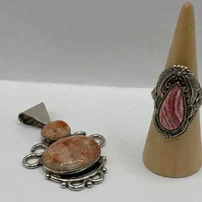 Rhodochrosite Sterling Silver Pendant and Ring (Size 9)