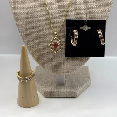 Red/White Rhinestone Costume Jewelry- Necklace 18", Ring (Size 7.5) and Earrings 