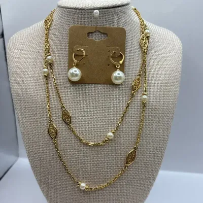 Gold Tone Pearl Earrings and Monet Necklace 36"