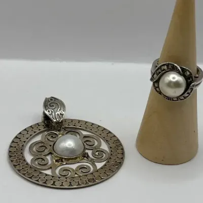 Sterling Silver Bali Pearl Pendant and SS Pearl Ring (Size 7.5)