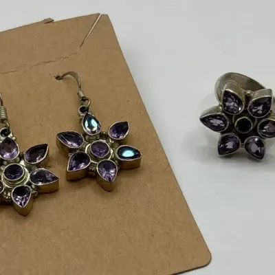 Sterling Silver Amethyst Earrings and Ring (Size 7)
