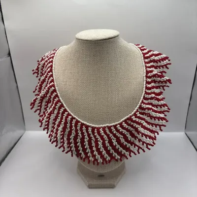 Red/White Seed Beaded Bib Necklace