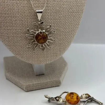 Amber Sterling Silver Sun Necklace 18" and Pin 