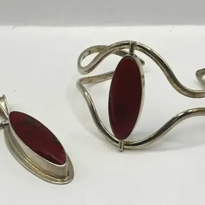 Jasper/Onyx Reversible Sterling Silver Cuff and SS Jasper Pendant 