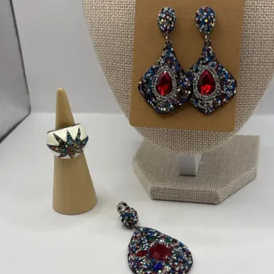 Multi-Color Rhinestone Necklace, Earrings and Ring (Size 6)