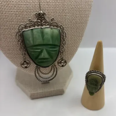 Mexico Jade Sterling Silver Warrior Pin and Ring (Size 8)