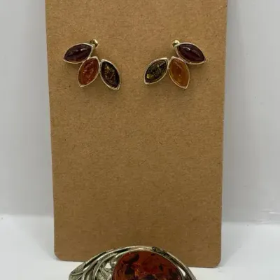 Amber Sterling Silver Pin and Earrings 