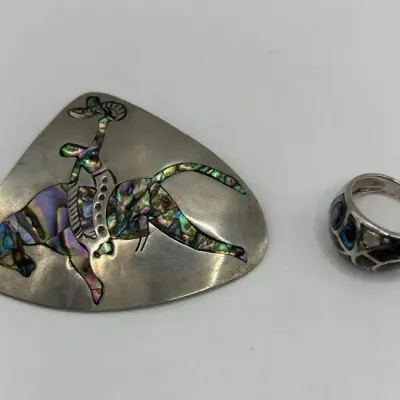 Sterling Silver Abalone Bull Rider Pin and Ring (Size 5)