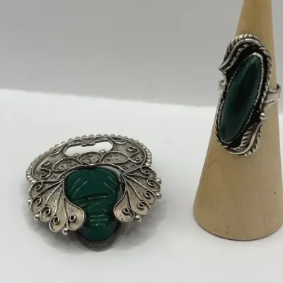 Sterling Silver Jade Warrior Pin and Ring (Size 6)