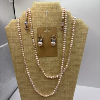Pink Freshwater Pearls Lariat 48" and Sterling Silver Pink Pearl Earrings 