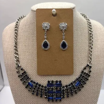Blue Rhinestone Costume Set- Necklace and Earrings 