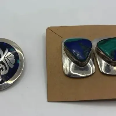 Sterling Silver Azurite Earrings and Aztec Pendant 