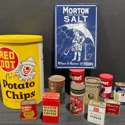 Red Dot Potato Chip Tin Cannister, Morton Sign & More Spice Tins Banks