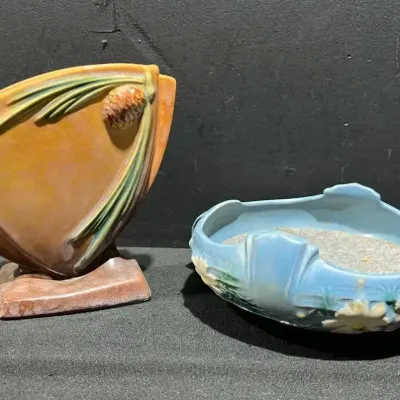Roseville Apricot Fan Vase & White Rose Blue Console Bowl