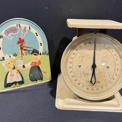 Vintage Dutch Tin Litho Clock Spinning Windmill Blades, Carillon Nursery Scale