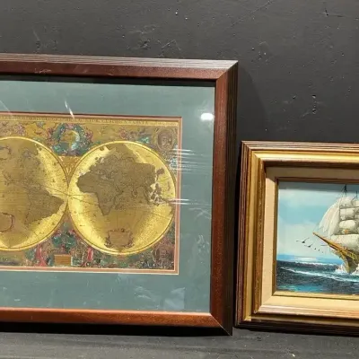  Vintage Gold Foil Double Hemisphere World Map + Maritime Seascape