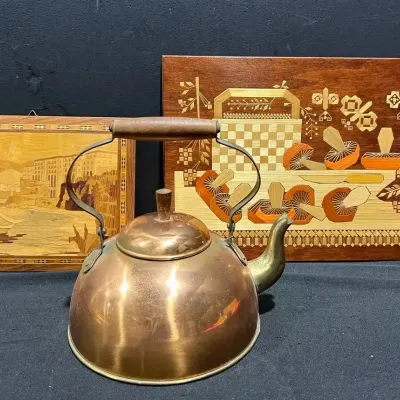 Copper Tea Kettle Of Pennies + Italy Inlay Art + Mushroom Marquetry Art
