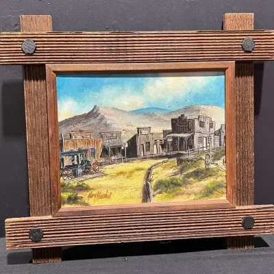 Original Gary Marshal ‘81 Chinatown Nevada Oil Painting With RR Tie Frame