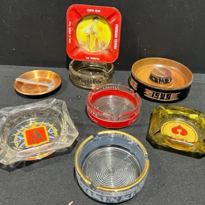 8 Vintage Mid Century Ashtrays Including Fireman’s Tavern Pinup