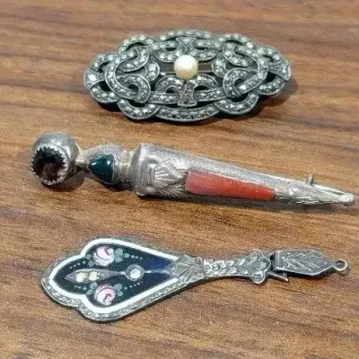 Trio Art Deco Brooches & Pendant, 2 Sterling W Marcasite, Enamel + More