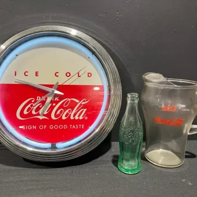 Coca Cola Retro Neon Wall Clock + Pitcher & Bottle