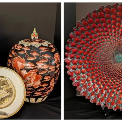 Japanese Chokin Dragon Plate, Gold Leaf Ginger Jar & More