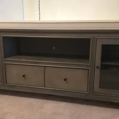 Grey Wood Media Credenza With Glass Doors and Storage