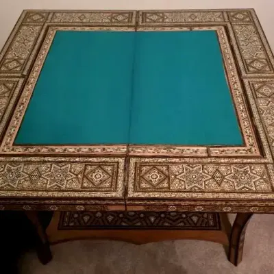Intricately Detailed Convertible Game Table With Felt and Checkerboard