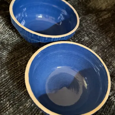 Pair of Blue Glazed Stoneware Bowls with Natural Clay Rims
