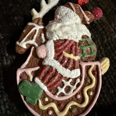 Gingerbread Style Santa on Reindeer Rocking Horse Christmas Ornament, Frosted Glitter Finish