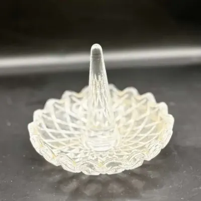 Vintage Clear Pressed Glass Ring Holder Dish, Diamond Pattern, Scalloped Rim, Cone Ring Stand.