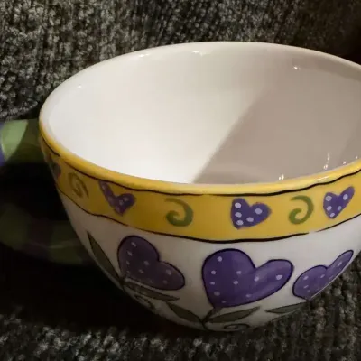 Lifestyle Home Joanne Sharpe Ceramic Mug, Purple Hearts and Striped Handle