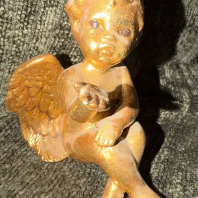 Gold-Tone Seated Cherub Angel Figurine with Detailed Wings, About 6 in.