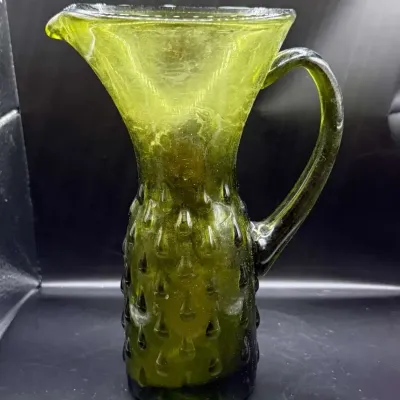 Vintage Olive Green Art Glass Pitcher with Raised Teardrop Design, Applied Handle, Flared Spout